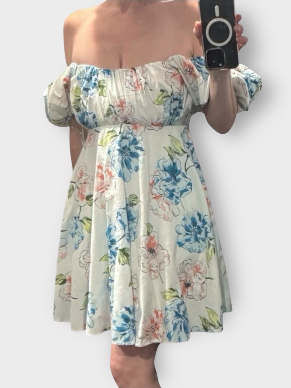 A&F Floral Puff Sleeve Off Shoulder Mini Babydoll Dress with Pockets XS Romantic